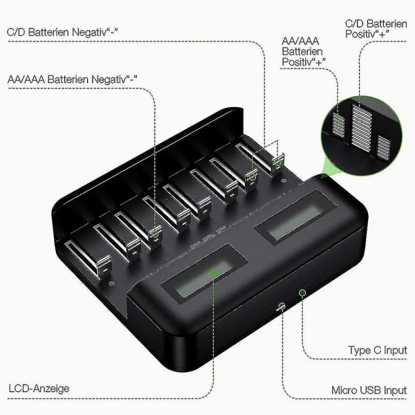 LCD universal - 8-paikkainen Aa/aaa/c/d laturi