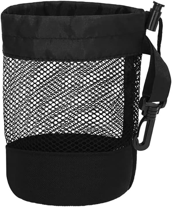 Mesh golfbold opbevaringspose, snørelukning i siden, kapacitet til 16 bolde, 16,5 x 14 cm.