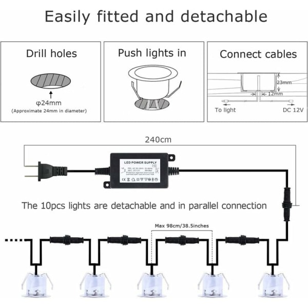 12V/IP67 vandtæt LED gulvlampe, forsænket gulvlampe, varm hvid, 3200K, 10 STK