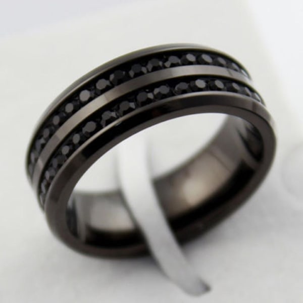 Unisex svart 2-rads rhinestone rostfritt stål bröllopsring Us storlek 7-12 9