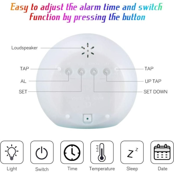 Digital vekkerklokke for barn 7 farger barnevekkerklokke med kalender og termometer, klokke kreativ rund vekkerklokke
