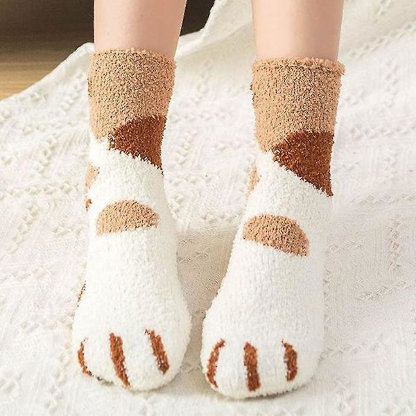 Kvinder Warm Funny Fluffy Cat Paw Soft Bed Slipper Socks Yellow Dot
