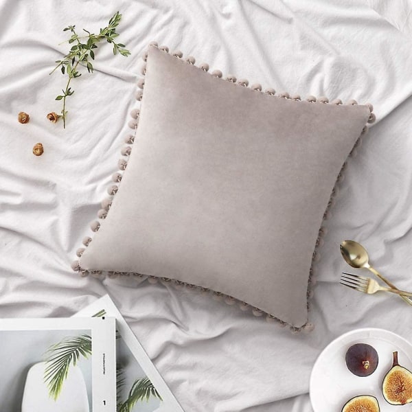 Paket med 2 Sammets-kuddfodral Pompom Dekorativa örngott Solida mjuka kuddfodral Med Poms Fyrkantig För Soffa Soffa Sovrum Bil 18x18tum Da 18 x18 Grey With Pink Hue