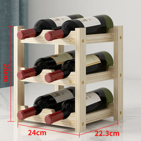 Vinreol vandret flaskestativ, 3 etager til 6 træflasker Vinflaskestativ Dimensioner 24x22,3x28 cm Flaskestativ Pin