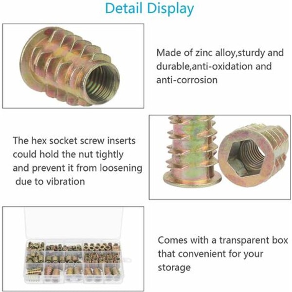 230 stykker sinklegering sekskantgjengede innsatsmutter Gjengede innsatsmuttere Utvendig gjenge M4 M5 M6 M8 M10 for tremøbler N