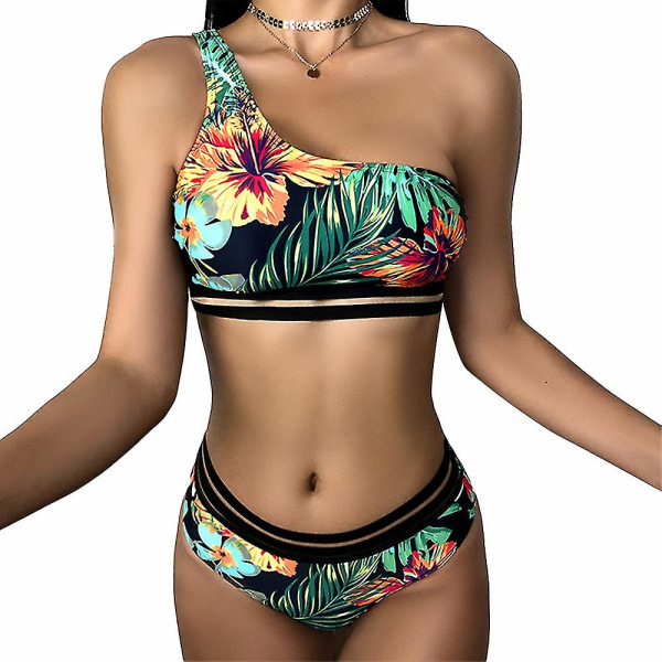 Dameblader Trykk Badetøy Polstret Bikini Sett Beach Black Floral XL