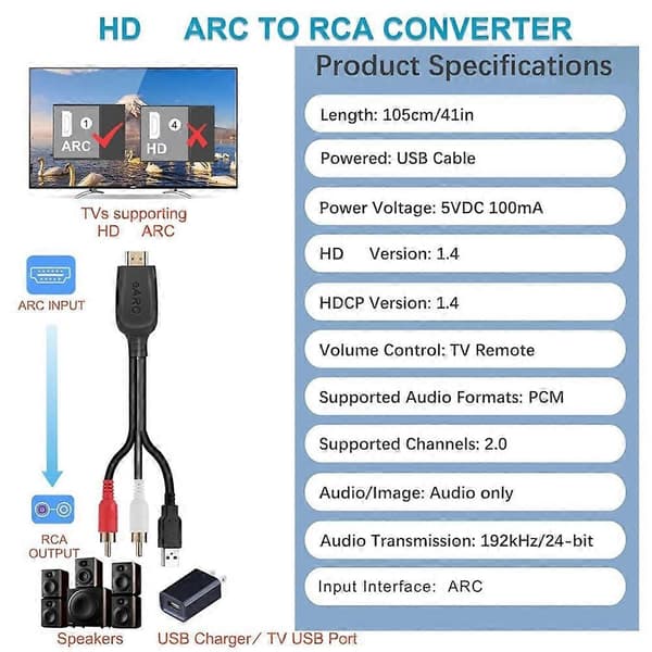 192KHz HDMI-kompatibel ARC til RCA lydkonverterer ekstraktor lydkonverterer DAC SPDIF koaksial RCA for TV-skjerm