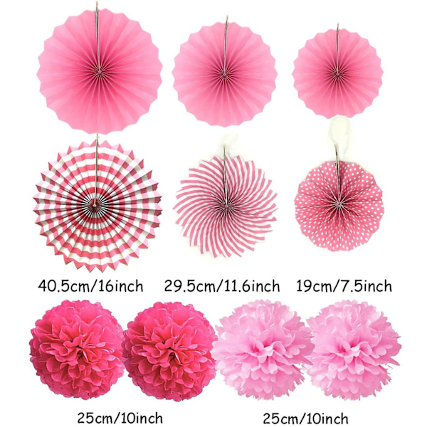 6 stk papir vifte blomster sæt Pink