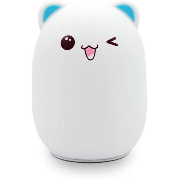 LED børnenatlampe, USB genopladelig, blød silikone touch snooze lys, farveskiftende natlampe, blå fræk bjørn. Klap lys