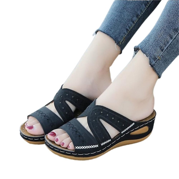 Kvinner Floral Fish Toe Wedge Sandaler Fritidssko Black 41