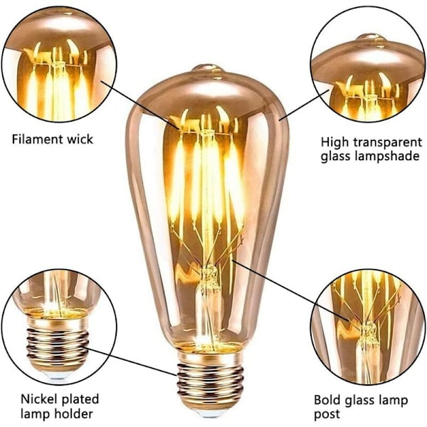 4W Clear-2700K Varmvit ST64 glödlampa Brun Retro Tungsten Light Cafe Bar Glödlampa, för vardagsrum, säng