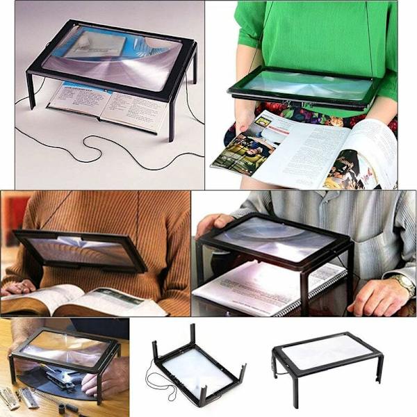 Lukusuurennuslasi, suurennuslasi LED-valolla, Hands Free -suorakulmainen suurennuslasi 3x suurennuksella, 4 LED-valoa ja taitettavat jalat - A4