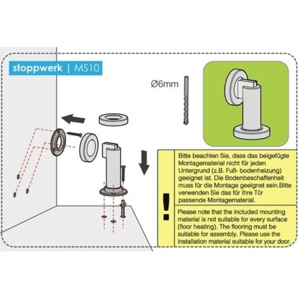 Magnetisk dørstopper MS010 i rustfritt stållook Dørstopper med gulv- og veggmonteringsmateriale, ø: 5 cm, h: 8,4