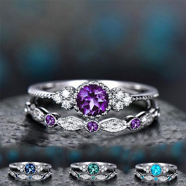 2st/ set Kvinnor Cubic Zirconia Inlagd Stapelbar Fingerring Bröllop Smycken Present Green US 8