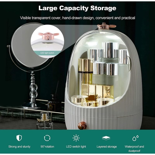 Kosmetisk opbevaringsboks med LED-lys, opbevaringsskuffe til plastsmykker, kosmetisk opbevaringsboks, støvtæt beholder, husholdning