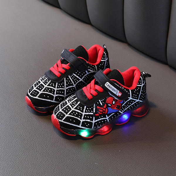 Børns åndbare afslappede LED Spider-Man lysende sko - Z black 30