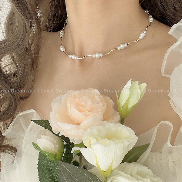 Halskjede Pearl Geometry Stud Choker Motesmykker Ac1456