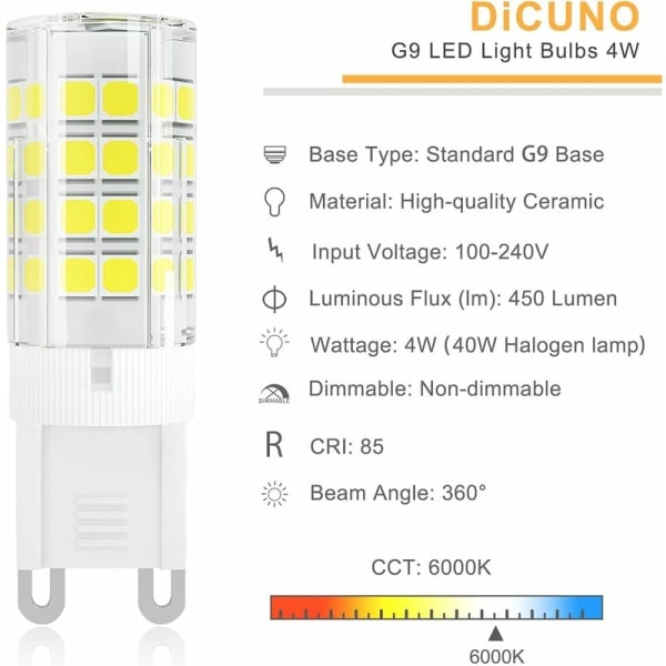 5W G9 LED-lampa (motsvarar 50W halogenlampor), 450LM, 220V, Cool White 6000K, AC100-240V, ICKE-dimbar, energisparande