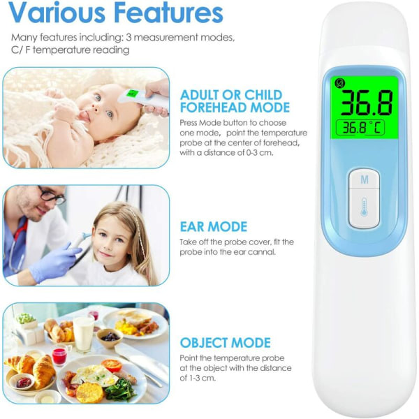 Pandetermometer, medicinsk pandetermometer med feberalarm, LCD-display, hukommelsesfunktion, baby, barn, voksen