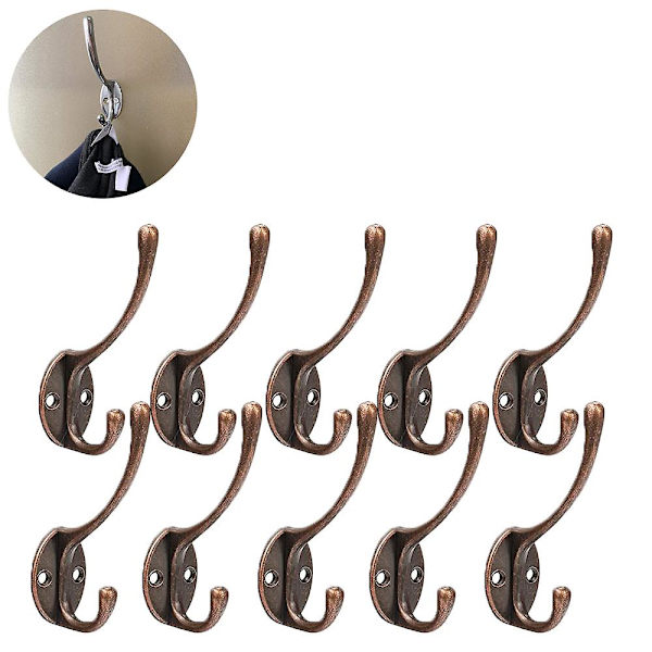 Jscxcf Röd Koppar 10-pack Rustika Klädkrokar Väggmonterade Tungt Dubbla Krokar Retro Dubbla Badrockkrokar Verktygskrokar Med Skruvar För Att Hänga Kappa, Ba