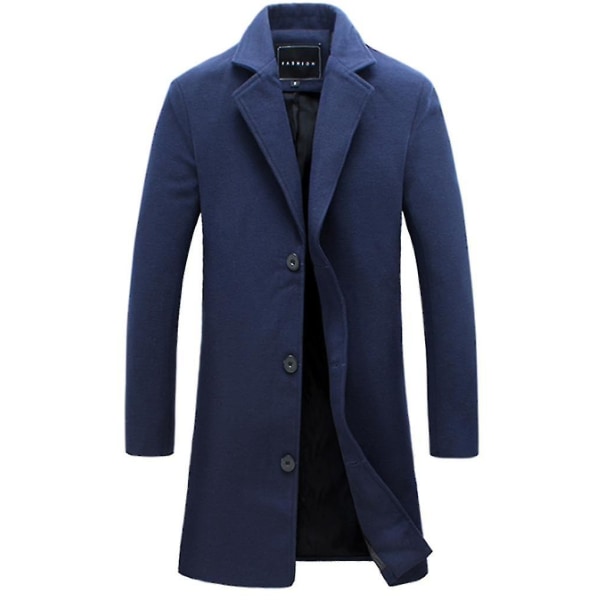 Mænd mellemlang uldfrakke Solid revers Mode Slim Fit Overfrakke XL Navy