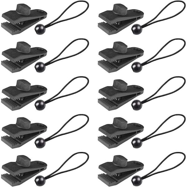 10*klämma+10*elastiskt rep (helt svart) tältklämma utomhuskapellklämma fast plastklämma