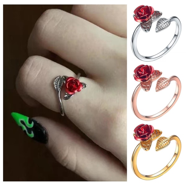 Dame Circlet Red Rose Åpningsblad Justerbar Dame Ring for Valentinsdag Golden