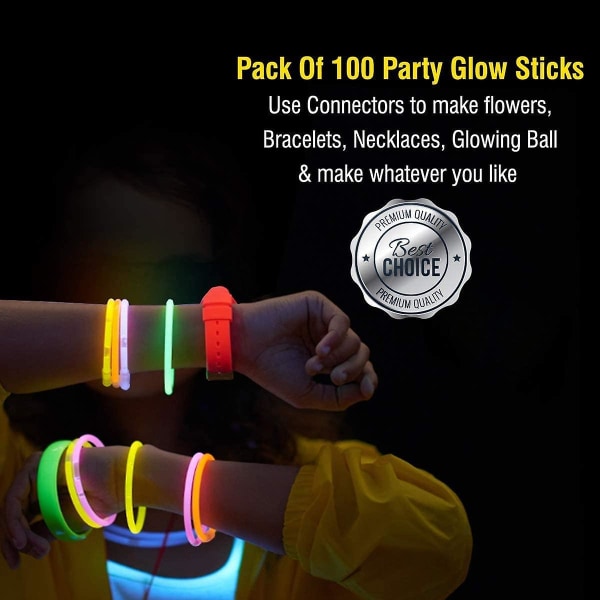 Glødepinner, 100 pakke 8-tommers Glødepinner med koblinger for armbåndsballer, lysleker for glødende festutstyr (blandede farger)