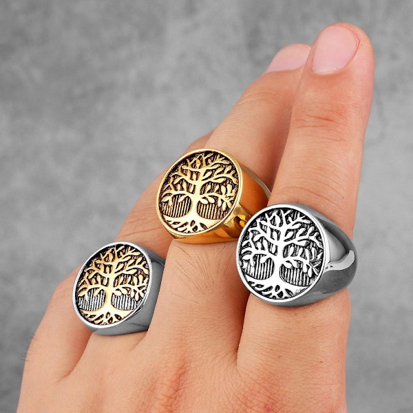 Tree of Life Amulett Rostfritt stål Herrringar Enkel Elegant Charm För Manlig Pojkvän Biker Smycken Kreativitet Gold