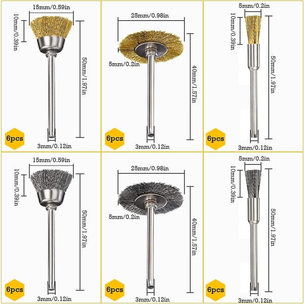 Messing poleringsbørstesæt 36 stk. trådbørster i rustfrit stål trådbor Roterende børster til boresliber og andet roterende værktøj