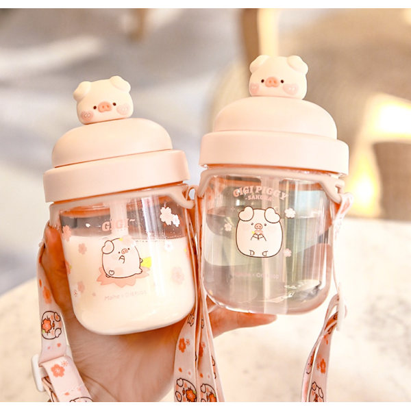 Jiji Pig Straw Cup Roterende Pig Straw Tumbler (Flere Sakura Pig + 330 ml),