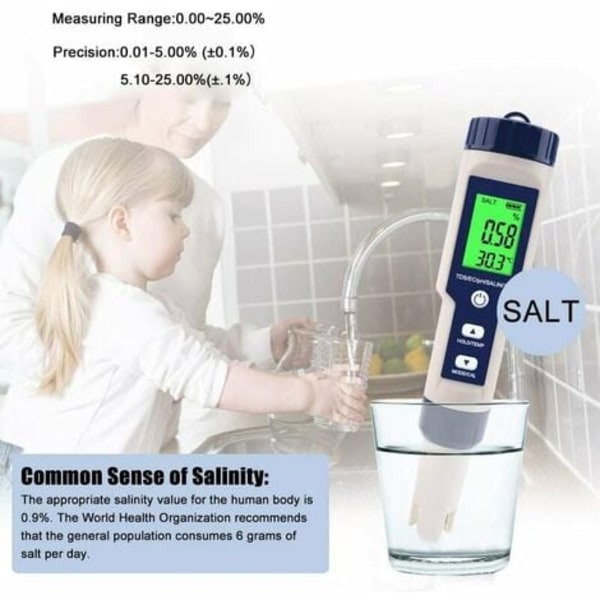 Elektroninen pH-mittarin testeri, 5 in 1 PH-testeri taskulämpömittari Vedenlaatu PH EC Salt TDS kotiin, uima-altaalle, akvaario Wa