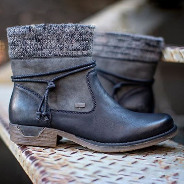 Kvinner Flat Block ankelstøvler Vinterforede Stretch Sko Black 43