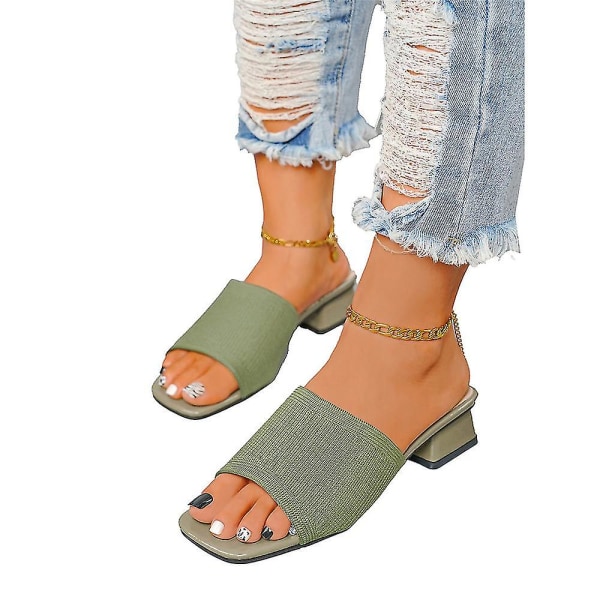 Kvinder Chunky Heel Slippers Sommer Casual On Sliders Sko Green 38