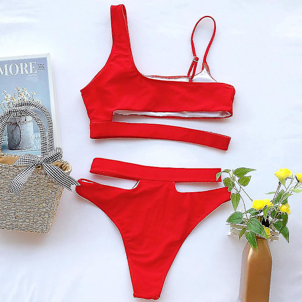 naisten Pehmustettu side Uimapuvut Bikinisetti Set Hollow Out Uimapuku Red M
