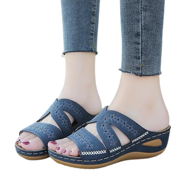 Kvinner Floral Fish Toe Wedge Sandaler Fritidssko Blue 38