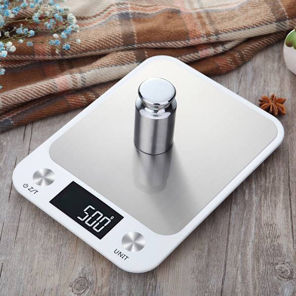 Korkealaatuinen ruostumattomasta teräksestä valmistettu digitaalinen keittiö-/konditoriavaaka gramma- ja unssitoiminnoilla, jopa 5 kg 1 gramman tarkkuudella