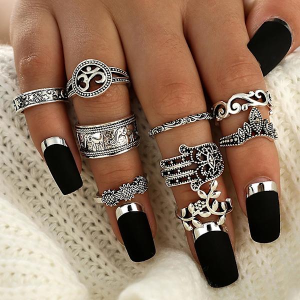9 st snidade blomma staplingsbara knogringar Silverfärgad Bohemia ihåliga fingerringar Smycketillbehör