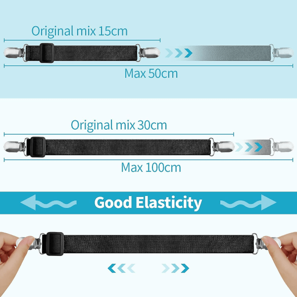 8 kpl (20cm - 100cm) Kiinnitetty lakananpaarit, säädettävä sovitettu lakananpidike, alaspainetut paarit sopivat kaikkiin sänkyihin, patjaan ja sohvaan (musta)