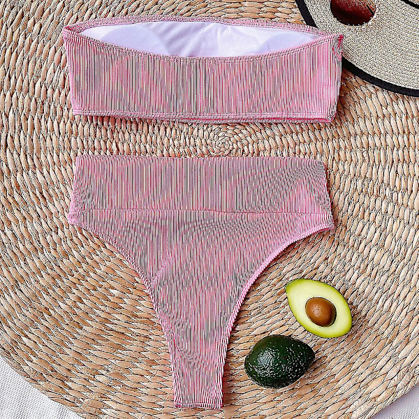Dam Bandeau hög midja simdräkt Bikini Set Baddräkt Pink M
