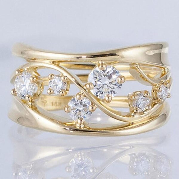 Kvinnor Fingerring Anti Tarnish Hollow Wavy Line Geometrisk Cubic Zirconia Ring för förlovning US 9