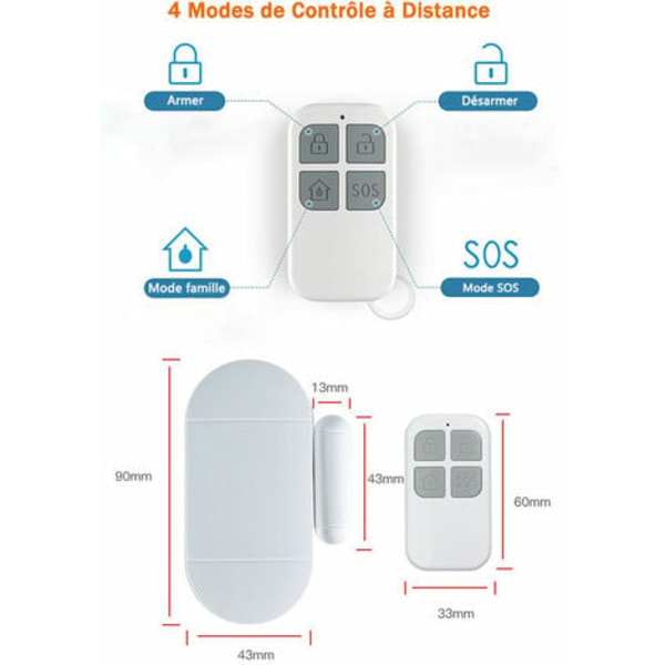 Dörr- och fönsterlarm, trådlösa dörr- och fönstersensorer med fjärrkontroll och batterier, magnetiskt stöldskydd inbrottstjuv A