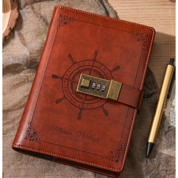 Retro Notebook B6 Lösenord Notebook Handbok Presentförpackning Dagbok Barnbok med låslösenord (Maroon-Navy 32K),