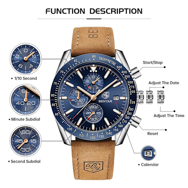 Herrklockor Herr Chronograph Date Analog Quartz Movement Snygg Sport Designer Watch 30m Vattentät Elegant present till män