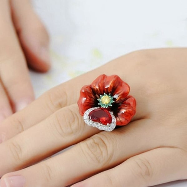 Bröllopsfest Mode Blomma Hjärta Form Faux Ruby Finger Ring Bröllopssmycken US 7