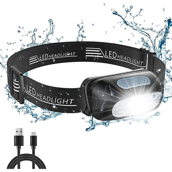 Uppladdningsbar led-strålkastare, vattentät kraftfull huvudlampa med 5 ljuslägen, rörelsesensor pannlampa USB uppladdningsbar vattentät arbetslampa, ultraljus
