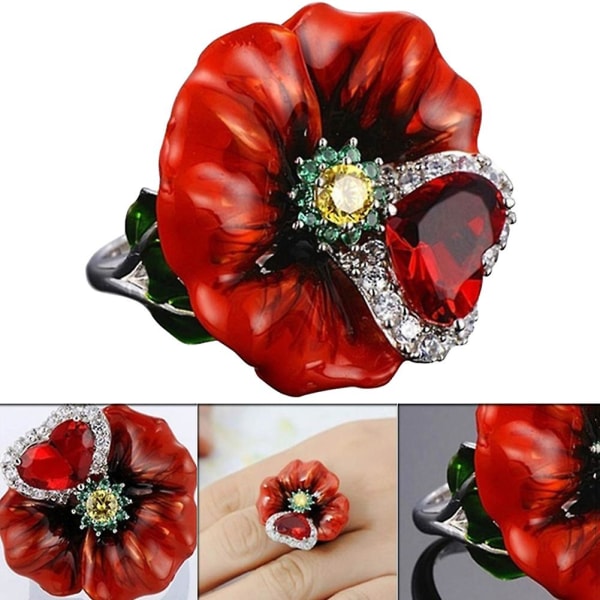 Bryllupsfest Mote Blomst Hjerteform Faux Ruby Finger Ring Brude smykker US 9