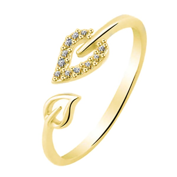 Unikke justerbare hule hjerte blade Rhinestone åbning finger ring kvinder smykker Golden