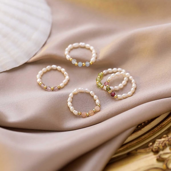 Enkel Elegant rep Kvinnor Ring Present Multi Beaded Imitation Pearl Ring Smycken Tillbehör Dark Orange