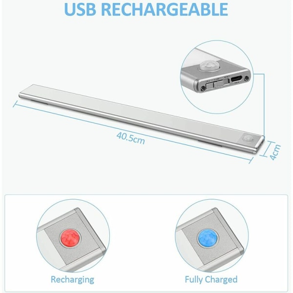 USB oppladbart kjøkken LED stripelys, 2500mAh 40cm Dimbar bevegelsessensor skap lysstang Trådløs oppladbar LED